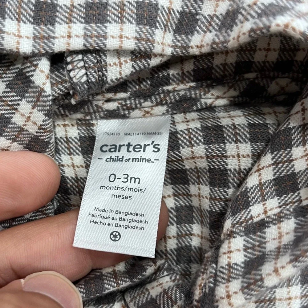 Carter's Child of Mine 2pc Outfit Set Boys 0-3M‎ Grey Plaid Hooded Shirt Pants